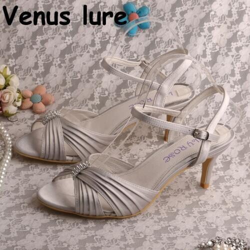 Peep Toe Grey Sandals Female Mid Heel Wedding Sandals Shoes with Crystals