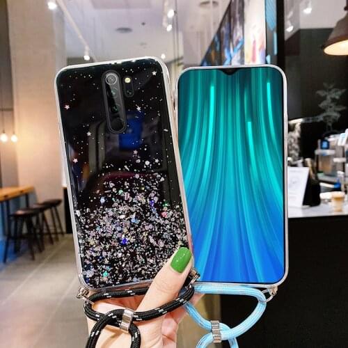 Ultra-thin Bling Glitter Lanyard Silicone Phone Case For Xiaomi Redmi Note 9 8 Mi 11 10 9 T Lite Pro Luxury Necklace Rope Cover