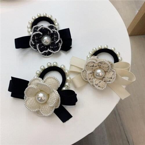 Vintage Pearl Fleece Camellia Elastic Hair Band Tie Broo for Women Girl Autumn Winter Accessories Rubber Wholesale Drop Shipping