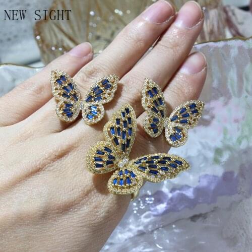 Luxury Cubic Zircon CZ Butterfly Rings for Women 14K Gold Plated Jewelry Set Delicate sUnique Earrings