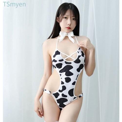 New Cow Hollow Out Halter Kawaii Skinny Cute Swimsuit Women Printing Backless Bodysuit Girl Sex Cosplay Costumes Erotic Lingerie