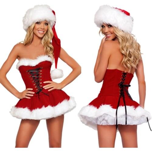 Womens Lace up Christmas Corset Bustiers Sexy Santa Costume Outfit Dress with Hat Cosplay Suit Sleeveless Plus Size Xmas Dres