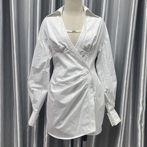 Women White Cotton Autumn Dress Long Sleeve Diamonds Chain Backless Loose Mini Shirt Dress