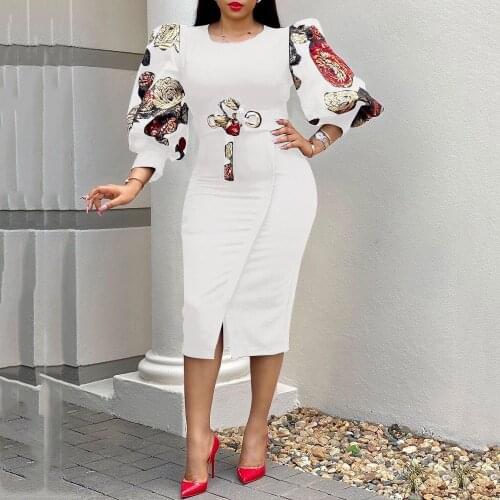 Office Dresses for Ladies 2021 Formal Business Plus Size Temperament Commuter Bodycon Lantern Sleeve High Split Elegant Dress ol