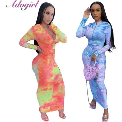 Women Casual Tie Dye Print Long Sleeve Ruched Bodycon Ankle-Length Dress Sexy Bandage Zipper Evening Party Long Dresses Vestidos