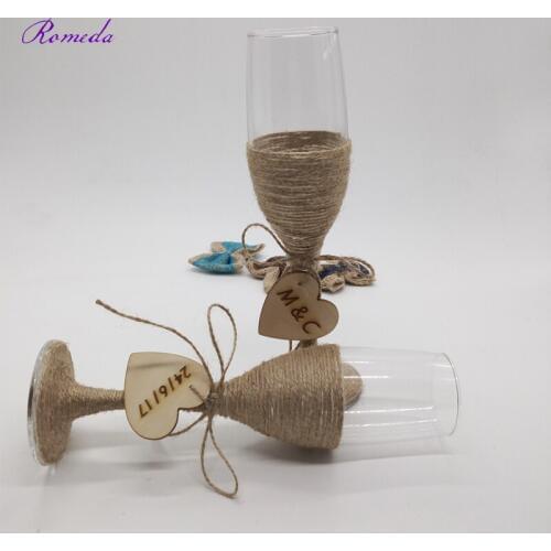1 pair/lot Personalized custom engraved date Rustic Wedding burlap Champagne Toasting glasses jute wine cup with wooden hart
