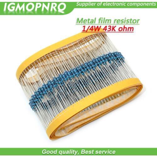 100pcs Metal film resistor Five color ring Weaving 1/4W 0.25W 1% 43K 43K ohm 43Kohm