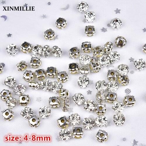200pcs/Bag 4-8mm Clear Crystal Rhinestones Round Stone With Silver Claw Sew On Strass Wedding Dress Decoration Diy Accessories