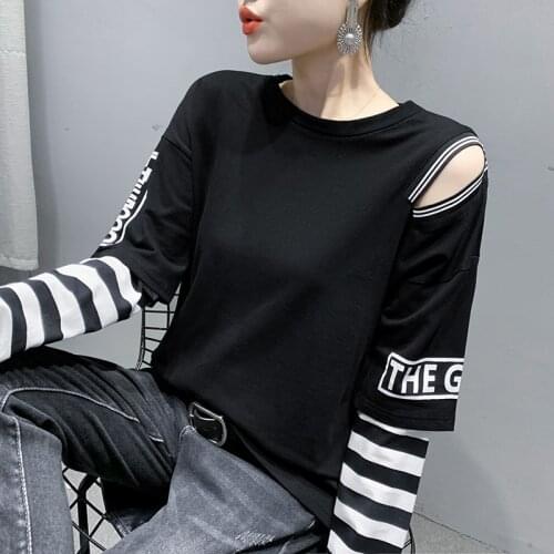 #5677 Black White False Two Piece T Shirt Women Sexy Streetwear Style Hip Hop T Shirt Harajuku O Neck Cotton Letter Print Tshirt