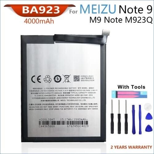 100% Original 4000mAh BA923 Battery For Meizu Note 9 M9 Note M923Q Phone High quality Batteries With Tools+Tracking Number
