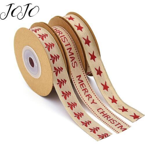 JOJO BOWS 15mm 5y Christmas Cotton Hemp Ribbon For Craft Christmas Tree Pentagram Printed Tape For Needlework DIY Bows Supplies