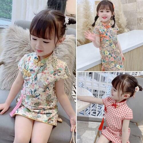 Childrens clothing girls 2021 spring and summer new childrens slim cheongsam dress princess dress Chinese style retro dress