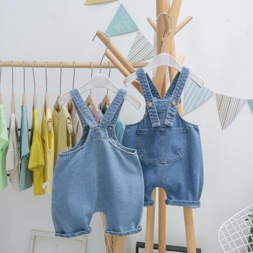 Baby Kids Overalls Shorts Casual Korean Girls Jumpsuit 1 2 3 4 5 Years Toddler Boys Denim Shorts Fashion Big Pocket Child Jeans