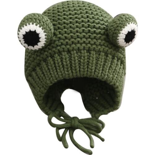 Frog Figure Woolen Hat 48-50cm Cartoon Beanie Hat Winter Knit Wool Cap with Earflap for Infant and Baby Best Sale-WT