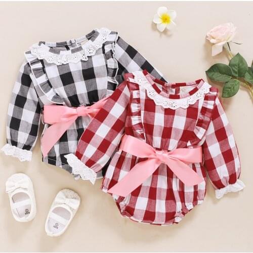 Fashion Baby Girl Romper Lace Jumpsuit Fall Round Collar Crotch Buttons Plaid Printed Long Sleeve Clothes