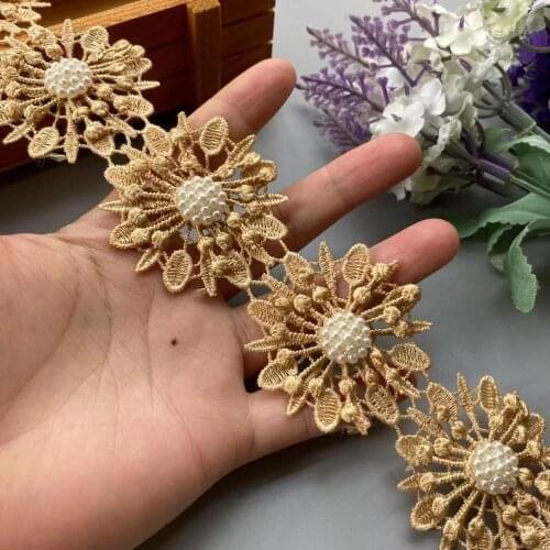 20X Gold Pearl Flower Leaf Handmade Beaded Embroidered Lace Snowflak Trim Ribbon Applique Wedding Dress Sewing Craft 5 X 5cm Hot
