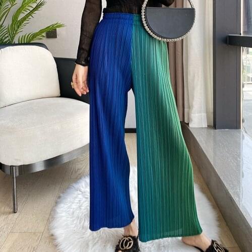 2021Summer Miyake PleatedStraight Wide-Leg High Waist Nine Minute Rainbow Print Pants Women Foreig Gas Spot