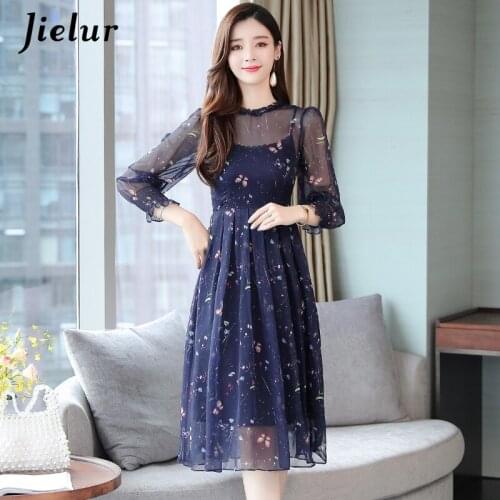 Jielur 2021 New Autumn Chiffon Dress Women Elegant Floral Dresses Fake Two Pieces Vestidos O-neck Slim High Waist Blue Dress