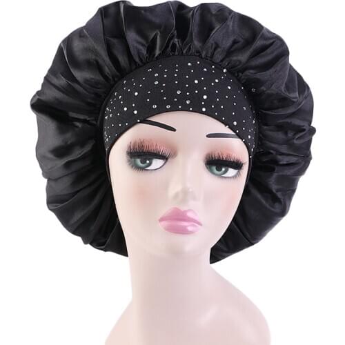 New big Satin elasticity Comfortable Wide-brimmed silky rhinestone hair Sleeping Hat bonnets Cap Care Bonnet Night caps For Wome