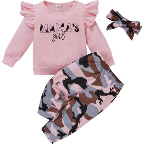 New Girls Clothes Set, Letter Print Long Sleeve O-neck T-shirt+Camouflage Trousers+Bow-knot Headband