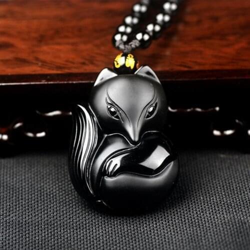 Obsidian Carving Unisex Pendant Natural Crystal Necklace Wang Peach Blossom Fox Fairy Lucky Jewelry For Party Birthday Gift