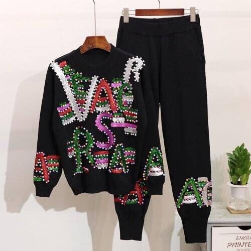 Autumn Winter New Two Piece Set Women Fashion Sequins Beading Letter Loose knitted Sweater + Casual Pants Set Women Tide G382