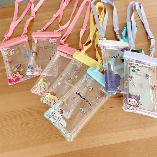 Lovely Anime Universal Airbag Waterproof Quicksand TPU Mobile Phone Bag for iPhone Adjustable Lanyard Transparent Phone Cover