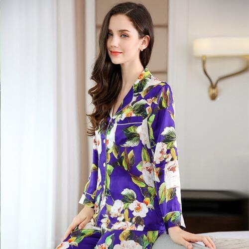 Real Silk Pajamas Female High Quality Purple Sleepwear Women Natural SILK Spring Long-Sleeved Pyjama Pants Two-Piece Sets T8127