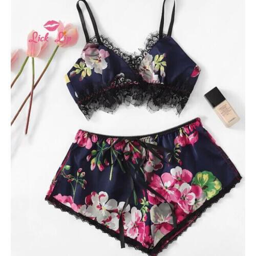 Lick Lip Large Size 2XL XL Printed Sling Lace Women Pajamas Set V-Neck Shorts Sleepwear Sexy Leisure Home Clothes SWD10543-3