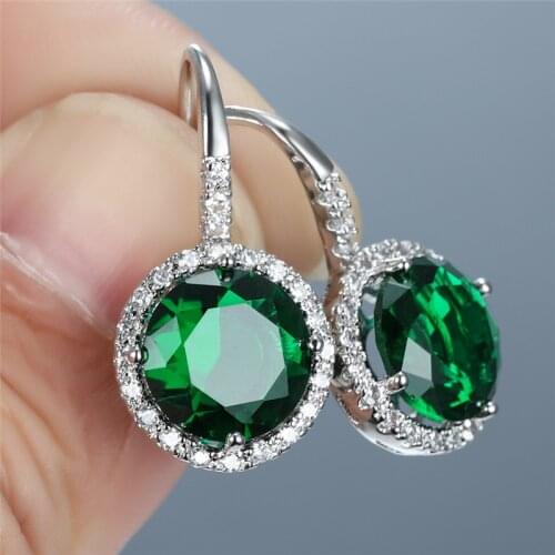Rainbow Zircon Stone Wedding Earrings Elegant Female Green Round Crystal Earrings Vintage Silver Color Dangle Earrings For Women