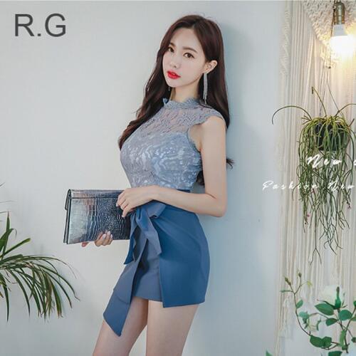 RG Korea Style Lace Women Set Sexy Sleeveless Lace Crop Top and Short Mini Skirt with Sashes 2 Piece Suit Sets Summer 2018