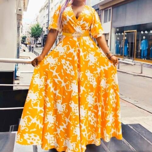Richkeda Store New 2021 African Print Party Dress Women Large Sizes Robe 2021 Spring Summer Long Dresses Short Sleeve Chiffon