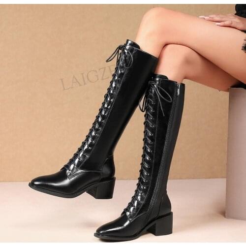 LAIGZEM Women Knee High Boots Real Leather Side Zip Block Thick Heel Boots Wide Calf Friendly Ladies Shoes Woman Size 36 38 42