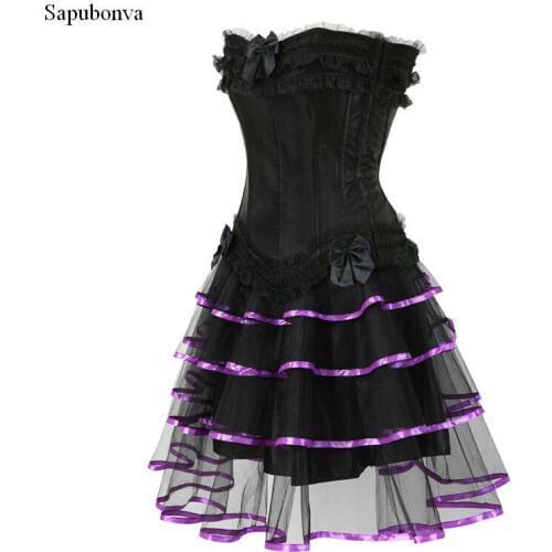Sapubonva corset top dresses plus size zip corset and tutu skirt set lace up tutu corselet overbust bustiers gothic victorian