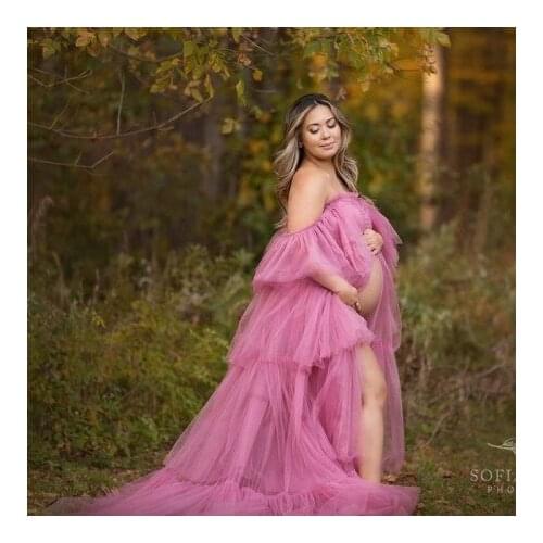 Sexy Strapless Tulle Pregnancy Robes With Train Tiered Ruffles Floor Hi Low Bridal Tulle Maternity Photography Dress