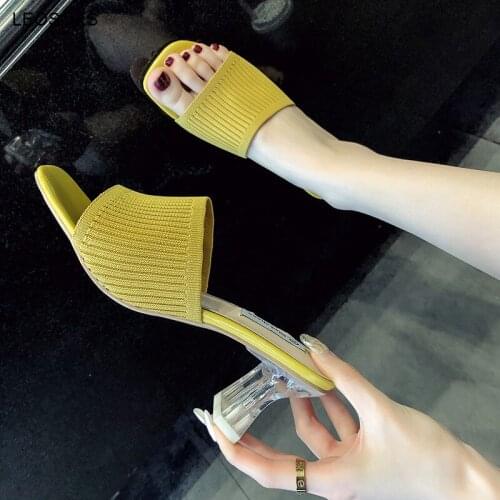 Slippers For Women 2021 New Summer Knitted Fashion Thick Heel Transparent Crystal Heel Flying Woven Breathable Sandal