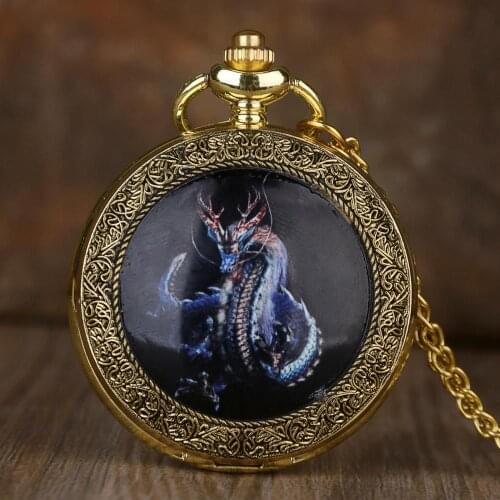 Vintage Steampunk Gold Creative Dragon Design Quartz Pendant Fob Pocket Watch Necklace Chain Gift Pocket watches Men Women