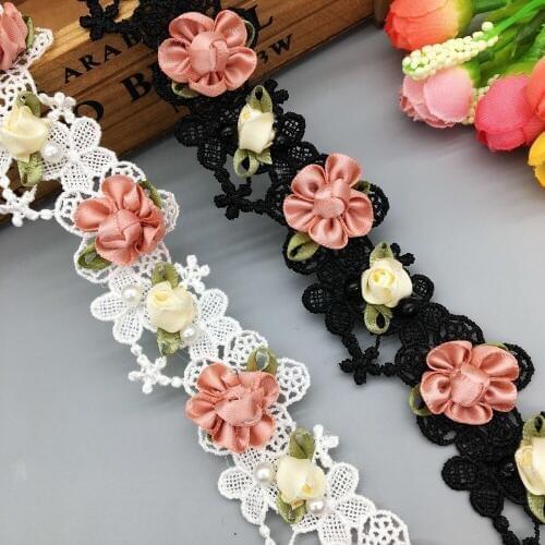 1 yard Rose Flower Pearl Beaded Embroidered Lace Trim Ribbon French Fabric Handmade Sewing Supplies Craft For Costume Decoration