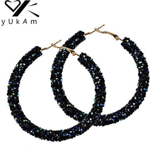 YUKAM Luxury Bohemian Big Circle Hoops Earrings Creole Black Bling Crystal Round Loop Earrings for Women Wedding Jewelry Brincos