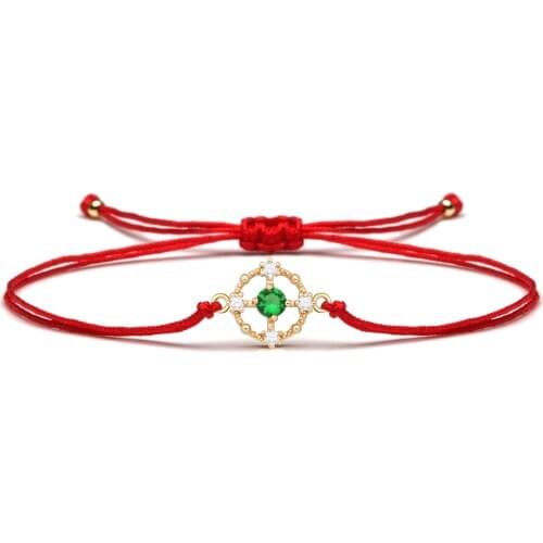 Green White Cubic Zirconia Stones Round Copper Charm Bracelet Women Girl High Quality Durable Red String Good Luck Jewelry Gift