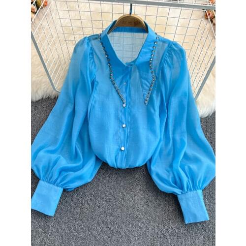 Spring 2021 Temperament New Blouse Female Color Matching Lantern Sleeve Single-breasted Blusa Fashion All-match Lapel Shirt C428