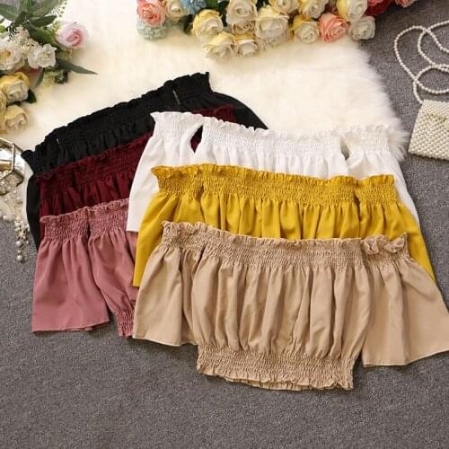 2021 Women Slash Neck Flare Sleeve Flower Chiffon Ruffles Shirt Lady Sexy Off Shoulder Short Elastic Slim Waist Chic Blouse Tops