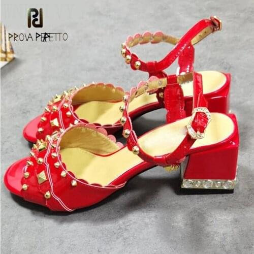 Rivet patent leather mid heel sandals summer personality leather round toe open toe high heel sandals women