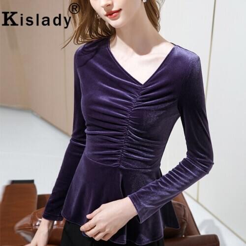 Women V-Neck Long Sleeve Patchwork Gothic Shirts OL Harajuku Tops Pleuche Solid T-Shirts 2020 Korean Sexy Temperament Clothes