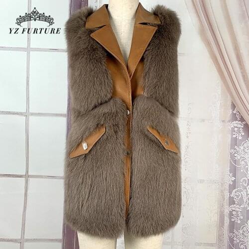 Womans Warm Real Fox Fur Sleeveless Vest Stitching Leather Zipper Splicing Sheepskin Winter Girl Natural Fox Fur Vest FV-045