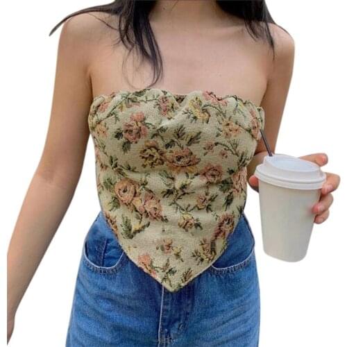 Women Sexy Strapless Bustier Crop Tube Top Vintage Floral Jacquard Corset Camisole Asymmetrical Ruched Backless Vest
