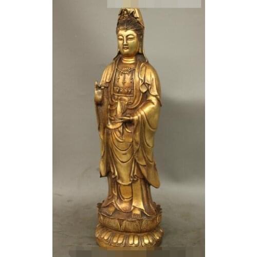 14" Folk Chinese Buddhism Bronze Gilt Lotus Stand Kwan-yin Guan Yin Pot Statue 35cm