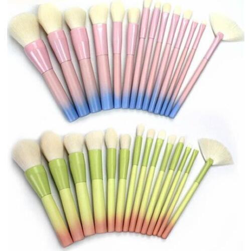 High quality pink blue handle soft cream white synthetic hair 14pcs makeup brush set in cosmetic