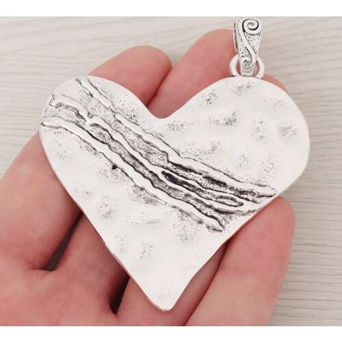 3 x Large Hammered Love Heart Charms Pendants Fit Necklace Jewelry Making Findings 82x64mm