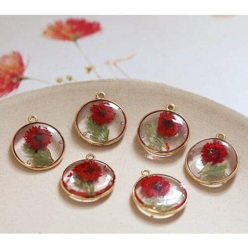 30pcs/lot color Natural dried flowers core Epoxy geometry round shape alloy floating locket charms diy jewelry earring accessory
